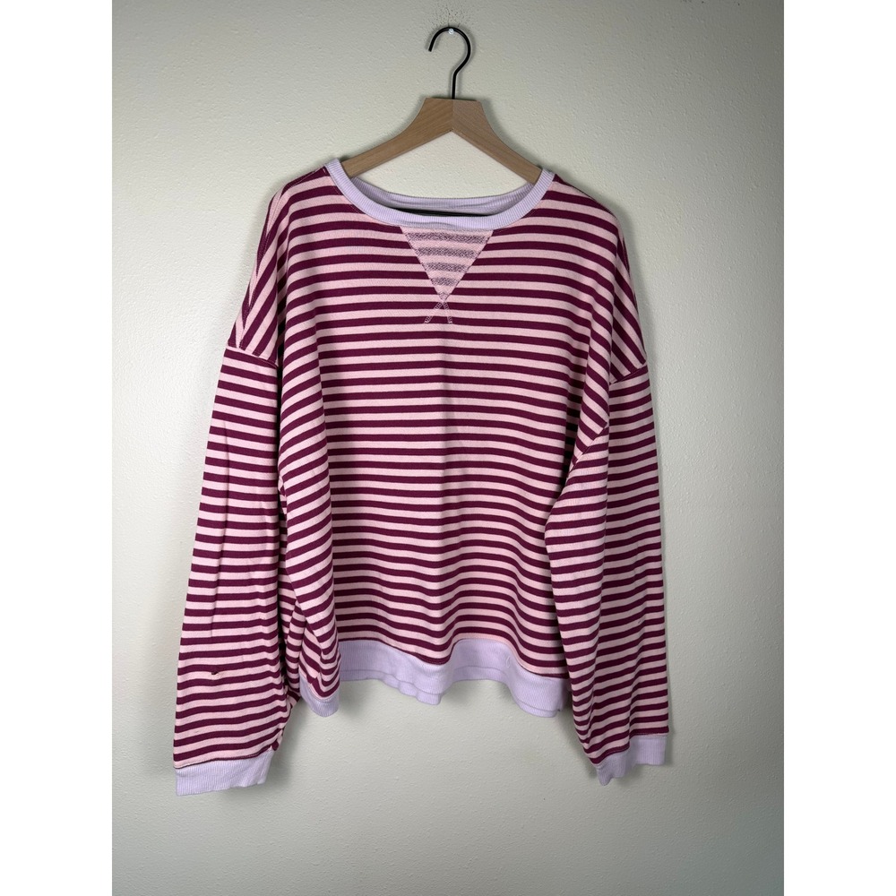 FREE PEOPLE Boho Sweatshirt Twee Loungewear Women Large Pink Striped Oversized - Picture 2 of 6